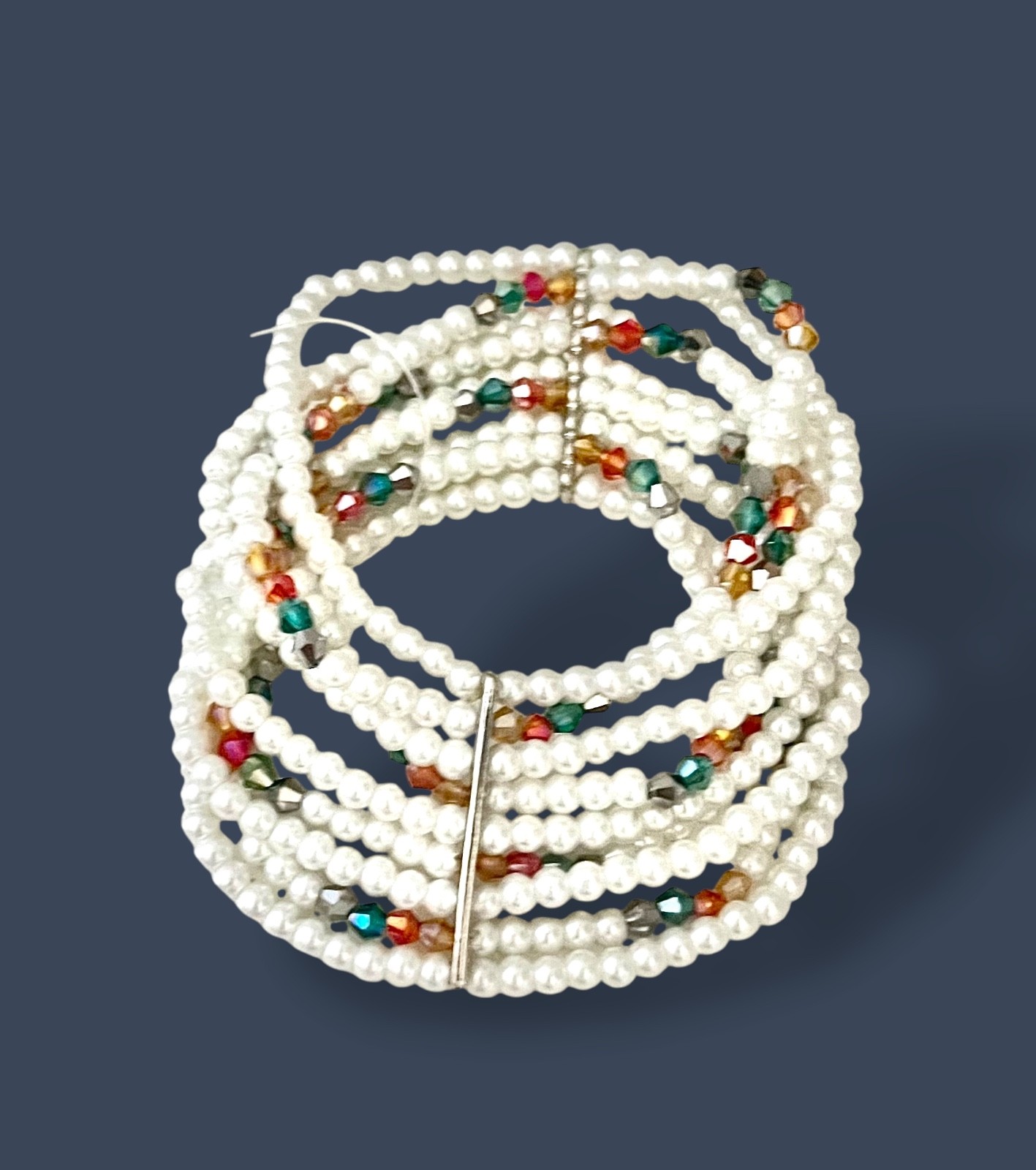 9 Rolls White Faux Pearls Colorful Crystals Casual Chic Stretchable Bracelet gallery