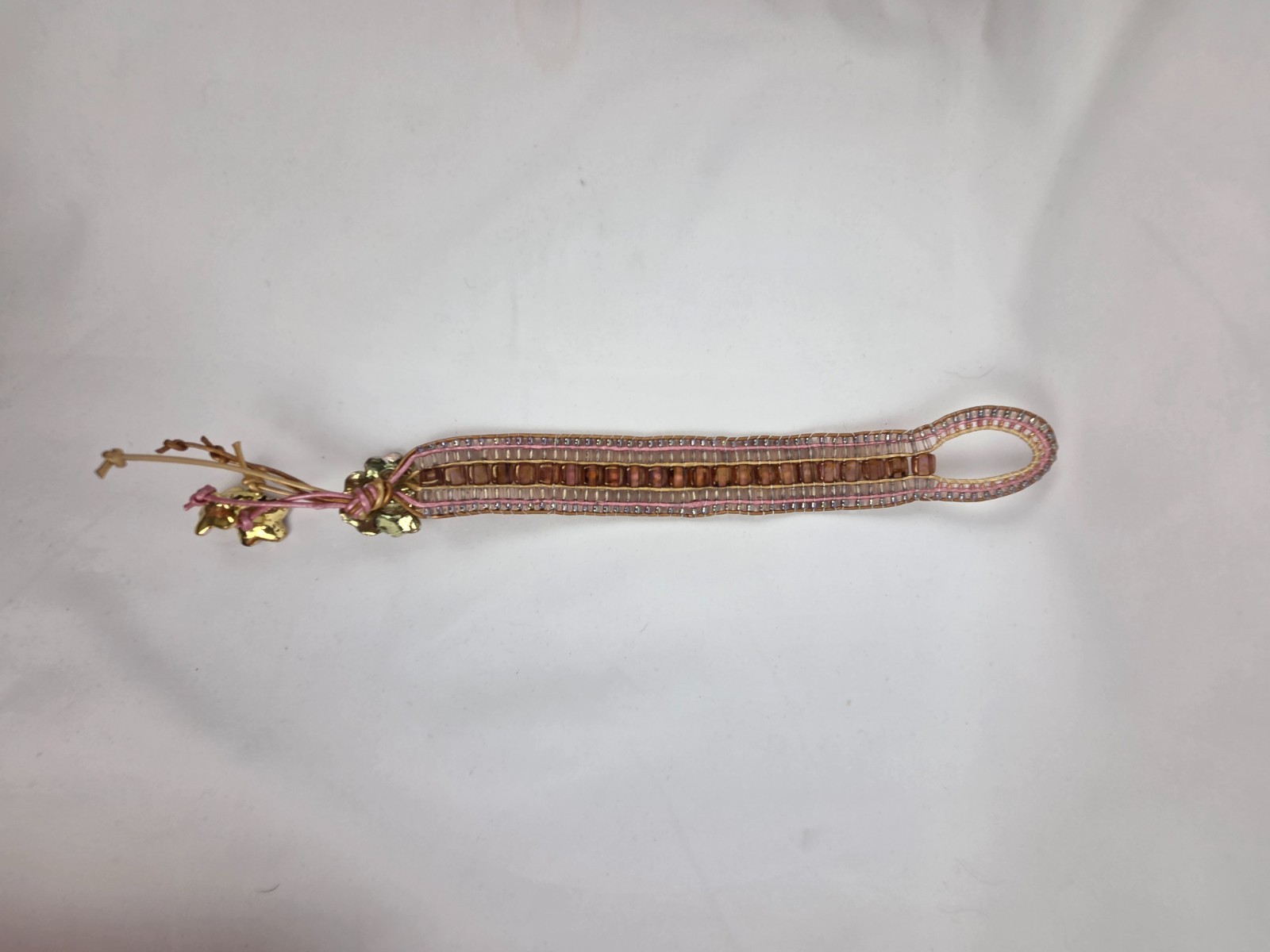 Beaded Bracelet 6 1/2" Pink and Brown with Floral Button Closure Flower Dangles gallery