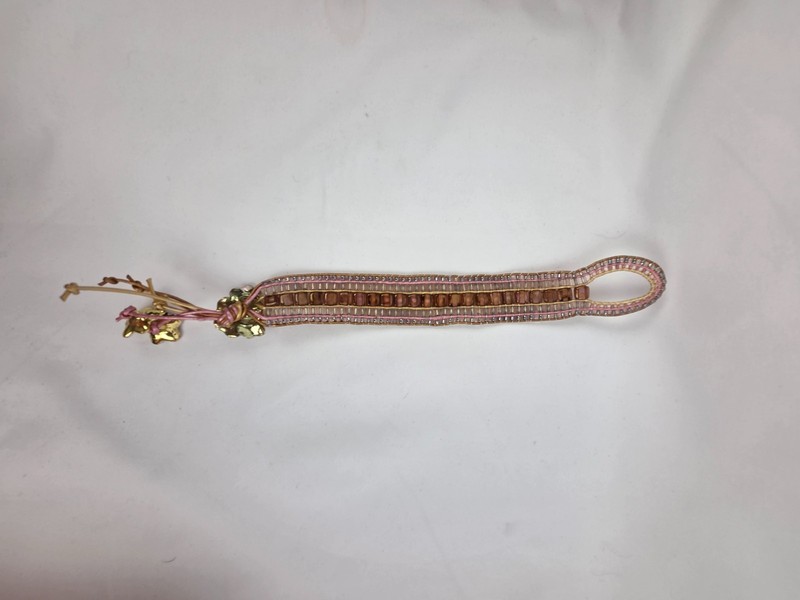 Beaded Bracelet 6 1/2" Pink and Brown with Floral Button Closure Flower Dangles gallery