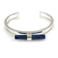 Rhodium Plated with Sodalite Central Stone Cuff Bangle Bracelet – 17cm Long