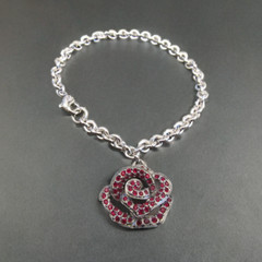 Vintage Swarovski Red Rose Crystal Silver Tone Dangle Charm Bracelet 7″ Swan Mrk