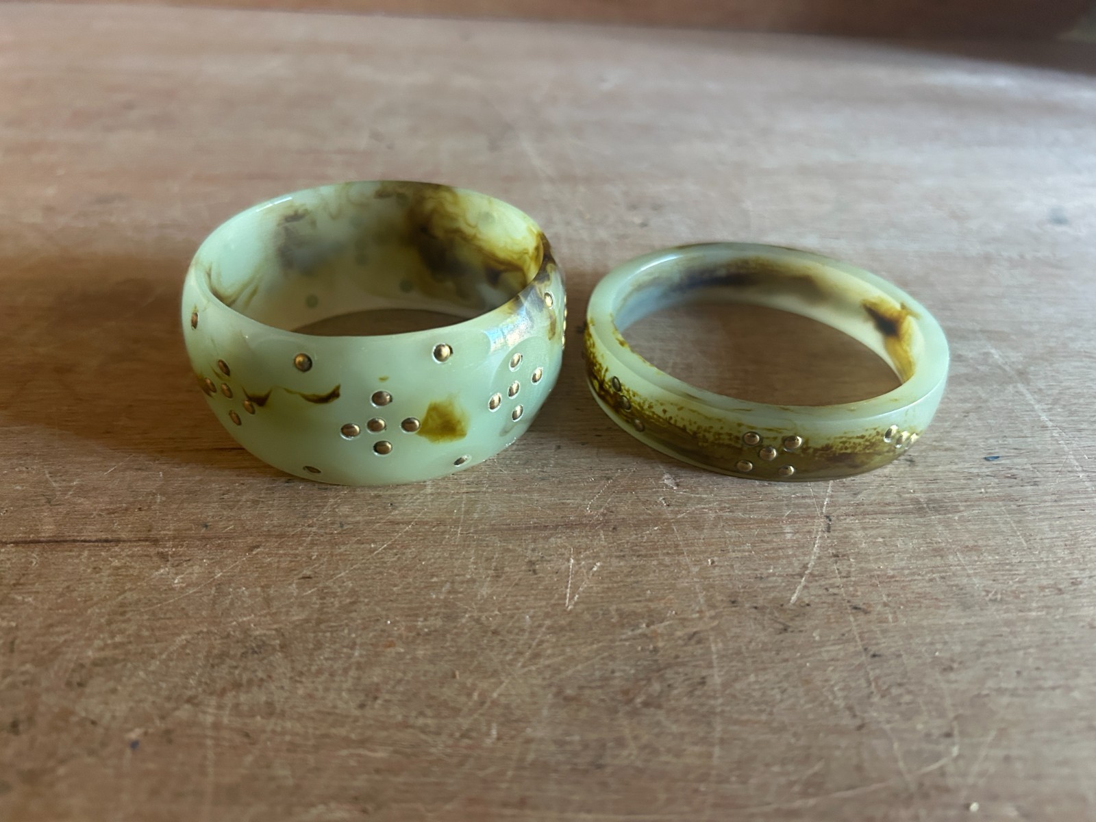 Faux Jade Plastic Bracelet Lot 2 Different 5/8 + 1-3/8 Green w/Brass Tone Accent gallery