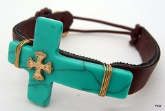 Turquoise Cross Leather Band Women’s Bracelet Gold Hook New Bracelets