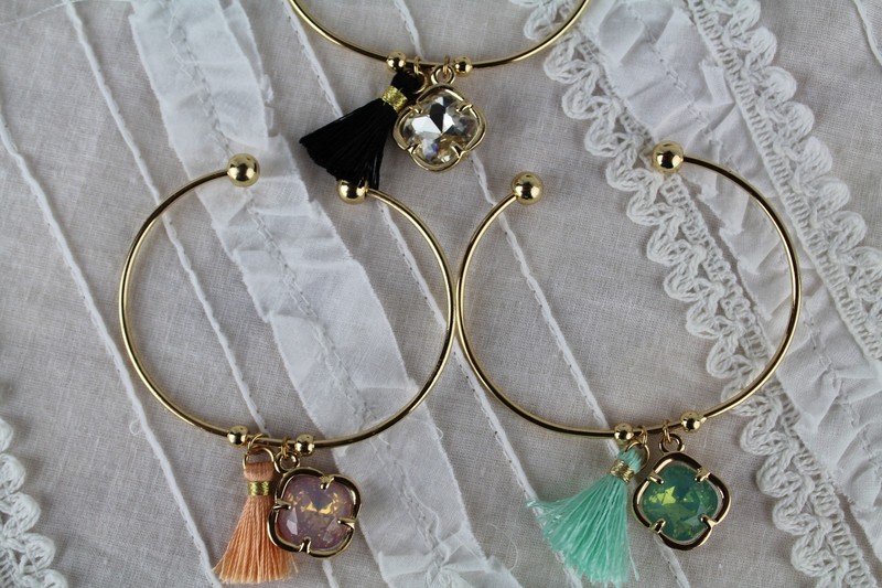 Gold Tassel Cuff Bracelet Thread Fringe and Crystal or Opal Charm 3 Colors gallery