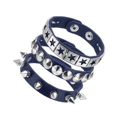 3Pcs Studded Leather Bracelet Set, 8.7″/22cm Adjustable Bracelets, Bright Blue