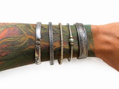 Lot of 5 Silver Tone Metal Mixed Bangle & Cuff Bracelets, No Stone