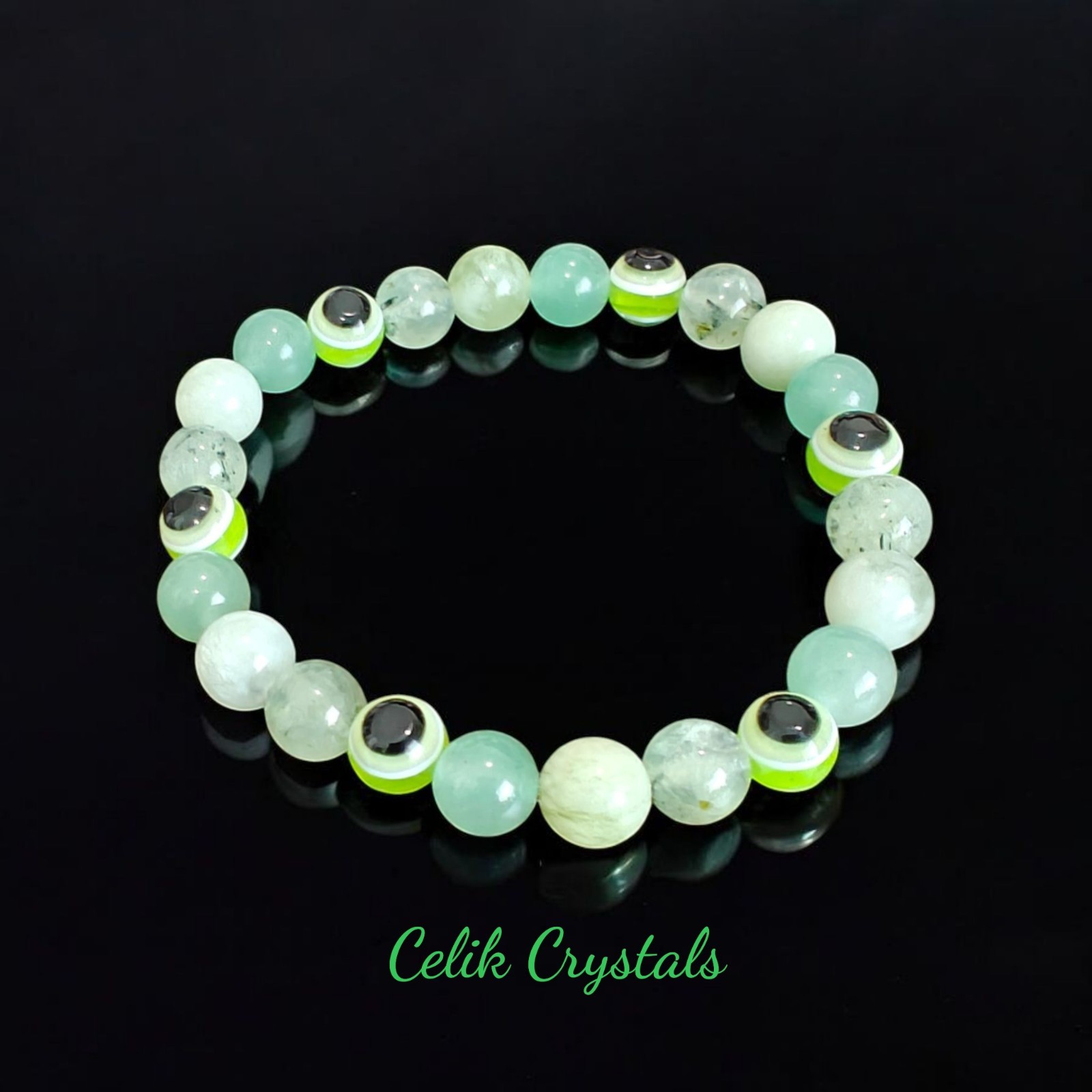 Evil Eye Bracelet - Prehnite, Green Aventurine, Serpentine Bracelet 8mm Natural gallery