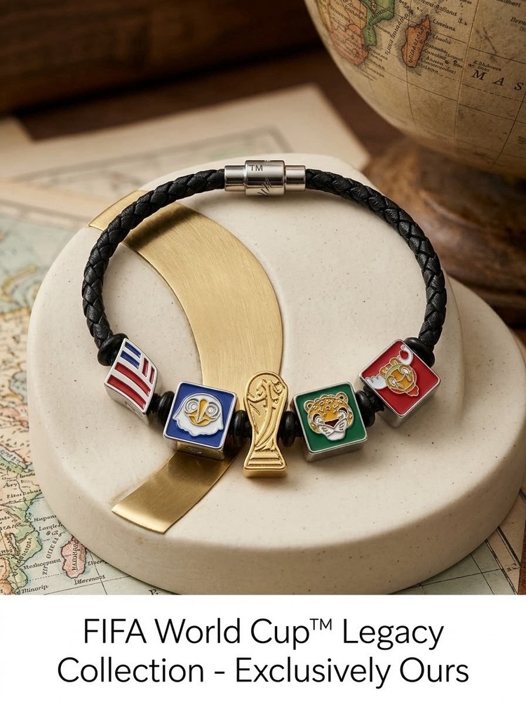FIFA World Cup Legacy Collection Braided Leather Charm Bracelet Magnetic Black