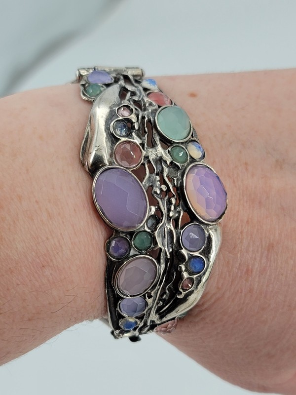 Stunning 925 Sterling Silver Multi Stone Large Ornate Bangle Bracelet w/ Clasp gallery