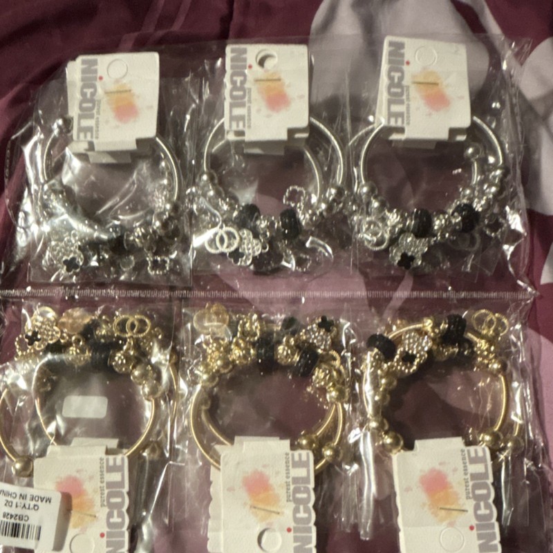 12 pack NICOLE Charm Beaded Snake Chain Bracelets Silver Gold Dangle gallery