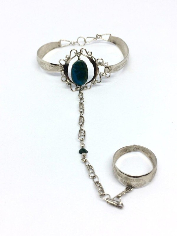 SILVER TONE Hand Bracelet Ring Etched Cuff Gemstone Stone Boho Festival gallery