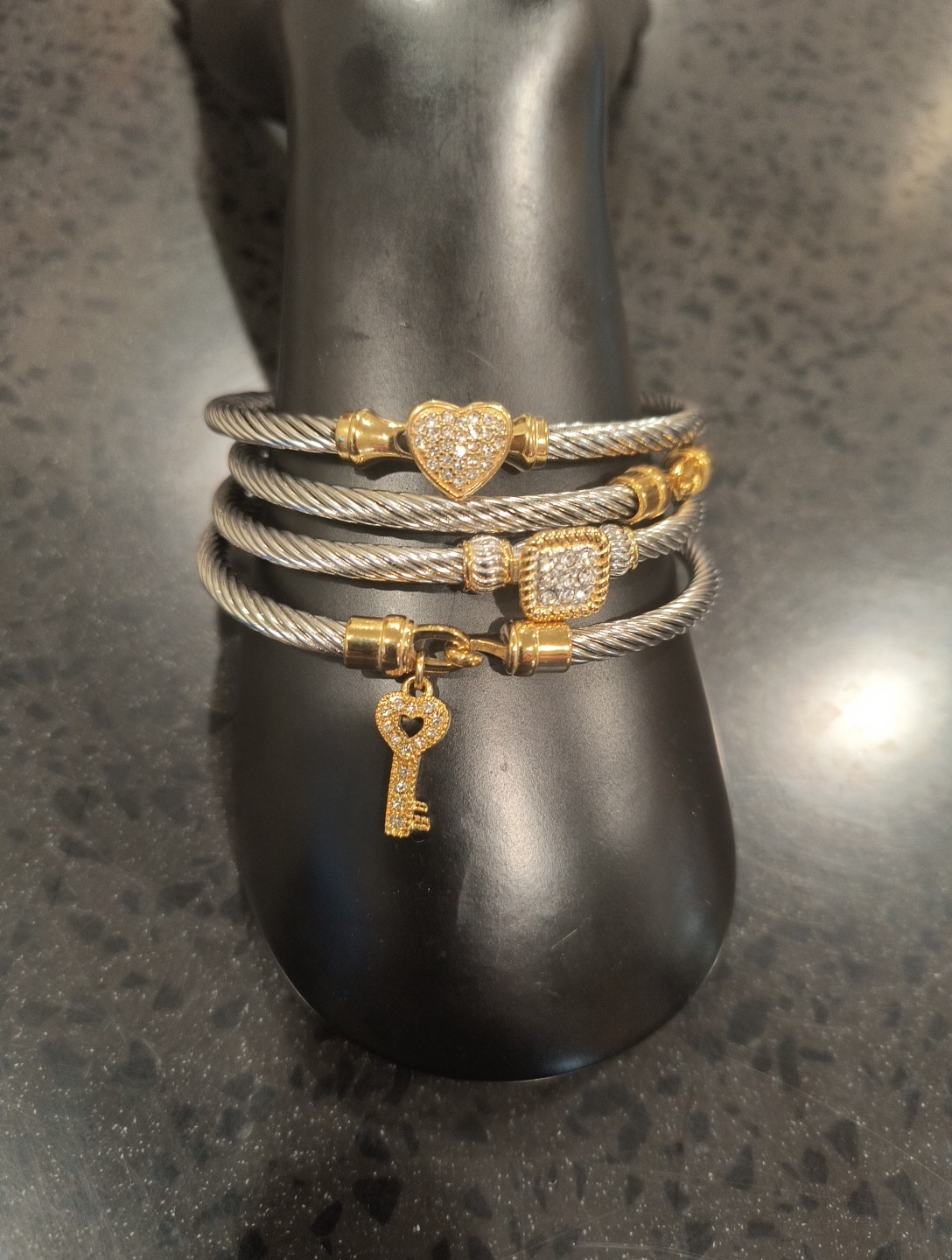 4 Bracelets Silver Gold Tone Stacking Rope Twist Cable Rhinestone Charms gallery