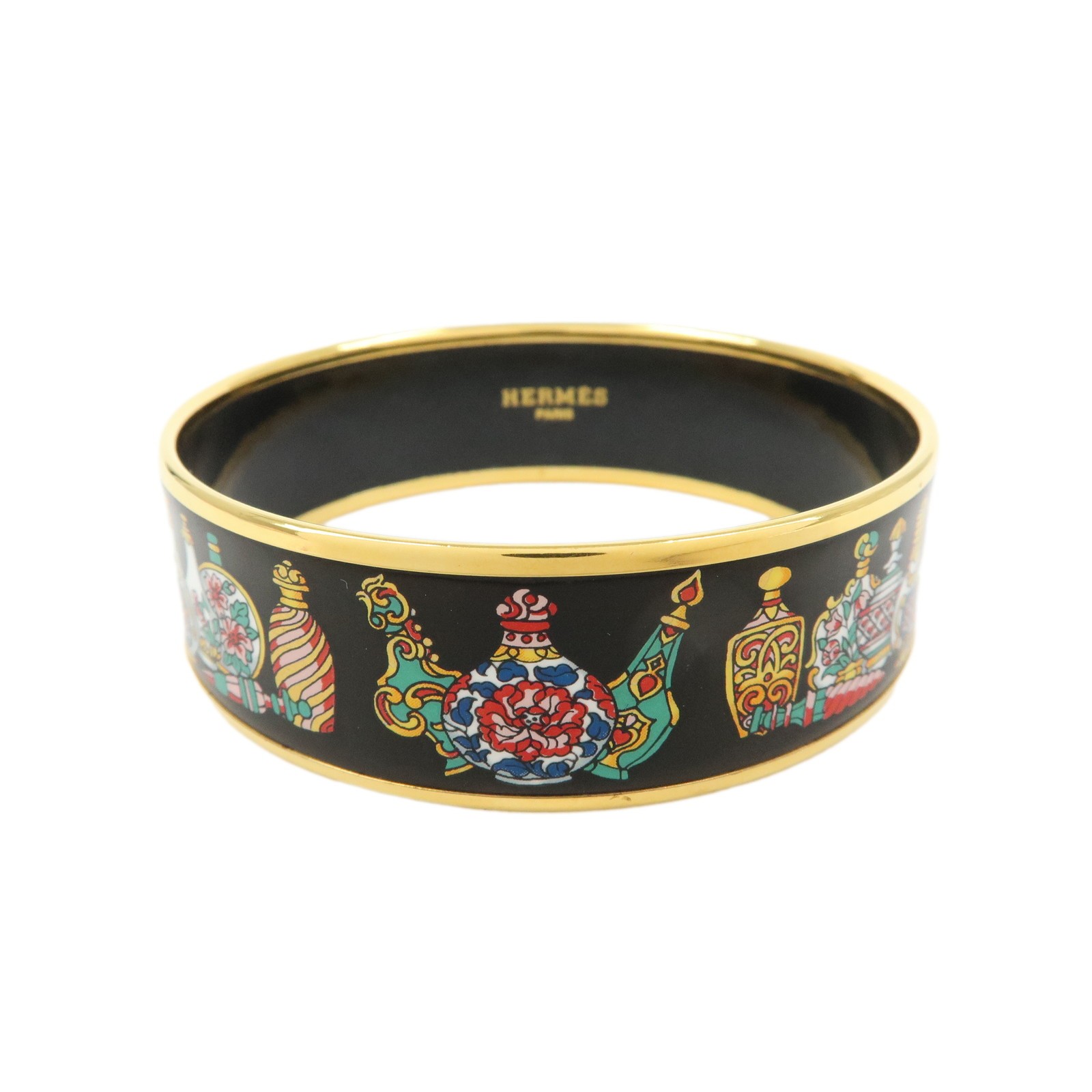 HERMES Email GM Gold Plated Bangle Bracelet Black Gold Authentic Used F/S gallery
