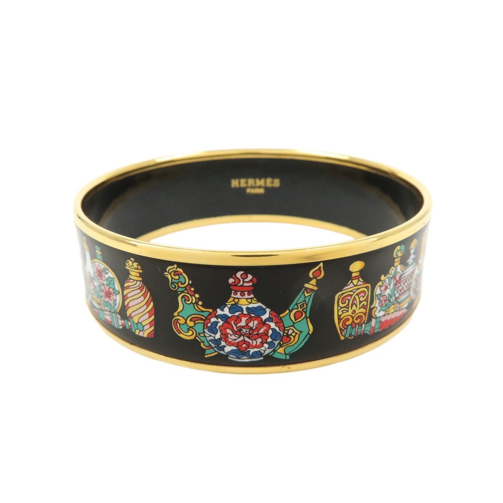 HERMES Email GM Gold Plated Bangle Bracelet Black Gold Authentic Used F/S