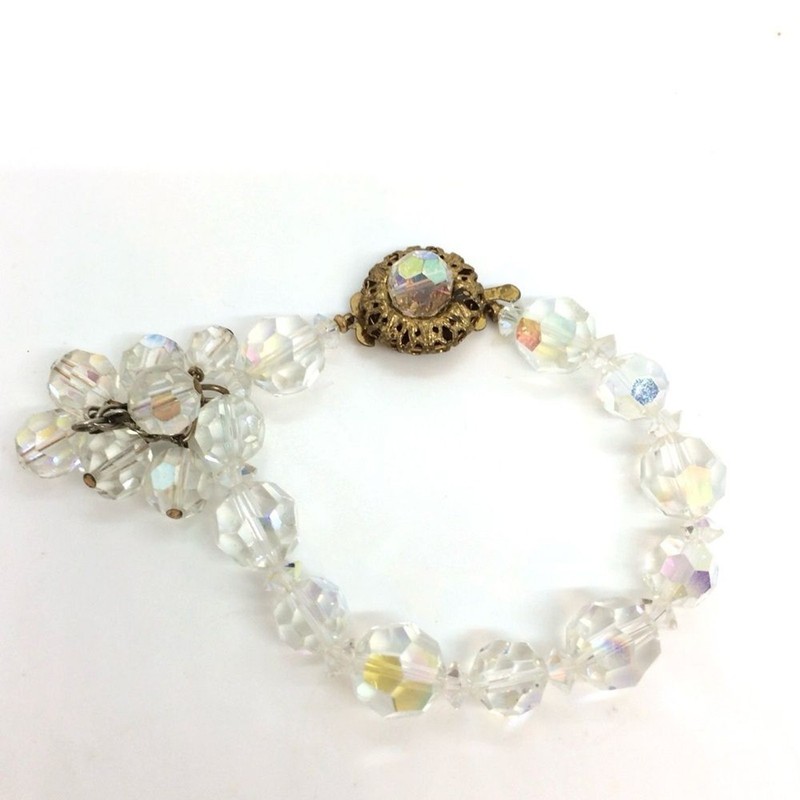 VINTAGE AURORA BOREALIS AB BEAD BRACELET BEADED CRYSTAL DANGLE GOLD TONE CLASP gallery
