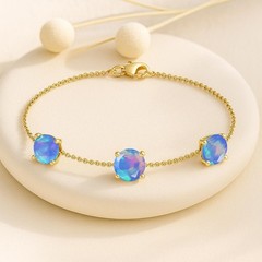 Fire Blue Opal Bracelet 925 Sterling Silver Chain, Round Three Stone Gemstone