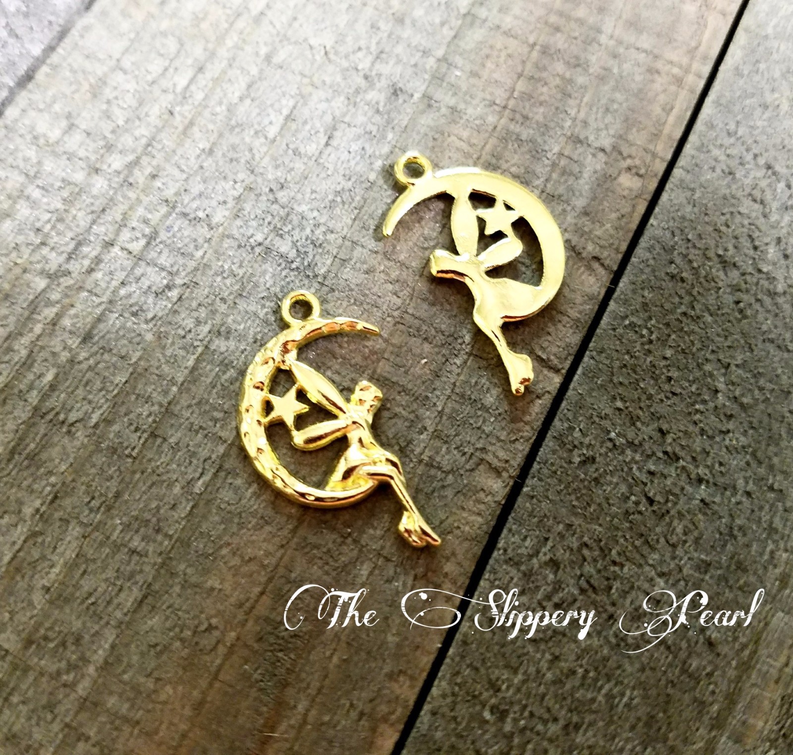4 Fairy Charms Shiny Gold Tone Fairy Tale Findings Moon Pendants Fantasy gallery