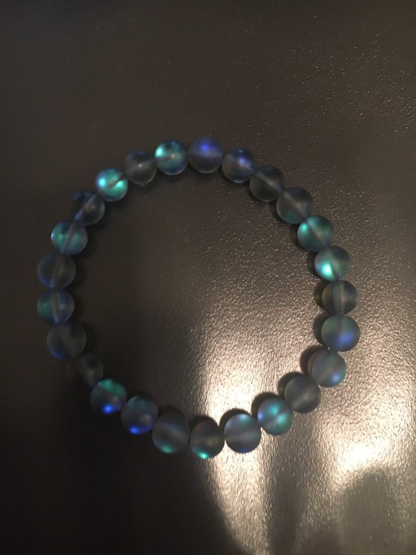 Women’s 7” Blue/Gray Moonstone Glowing Glass Aura Beaded Stretch Bracelet, Gift gallery