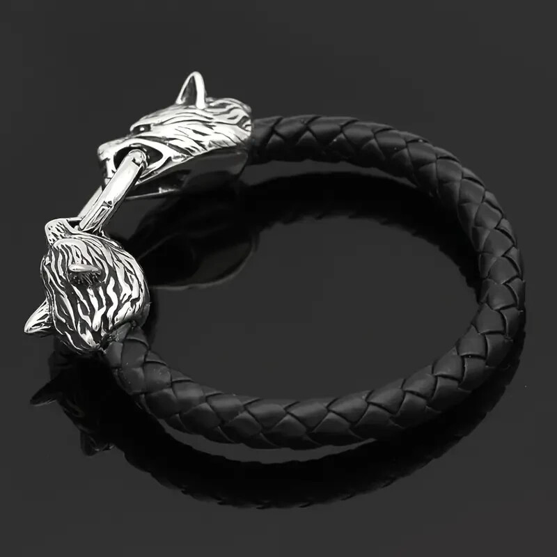 Elegant 925 Sterling Silver Wolf Head Leather Fashion Charm Bracelet Bangle Cuff gallery
