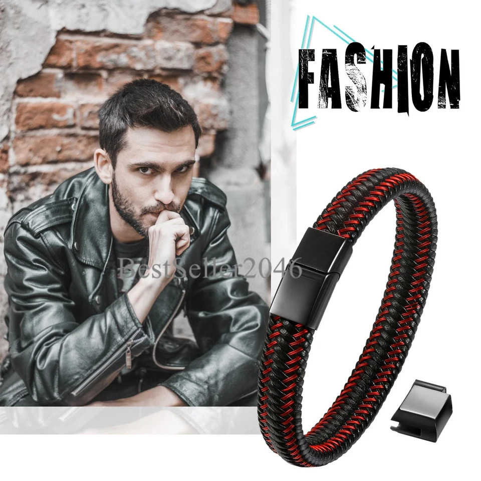 Men Black Red Braided Leather Stainless Steel Magnetic Clasp Bracelet Adjustable gallery