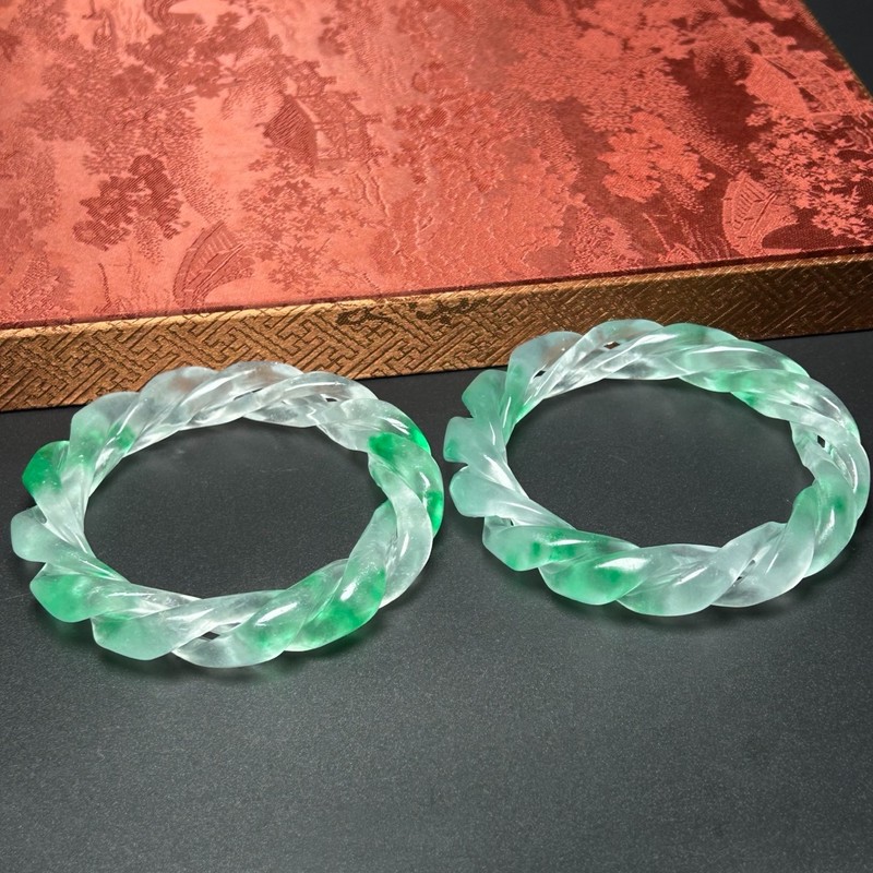 2PCS Real natural Myanmar high Ice green Jade jadeite bracelets Bangle 63mm gallery