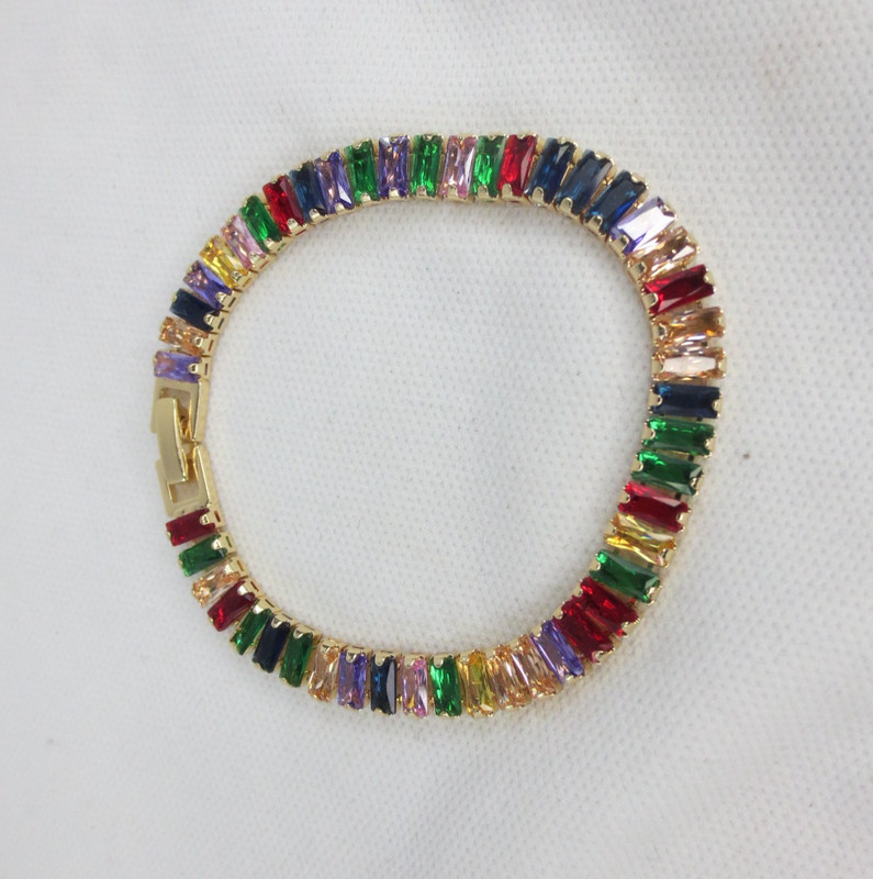 18k Yellow Gold Filled Tennis Baguette Multi Rainbow AAA CZ 7.5" Bracelet 6 mm gallery