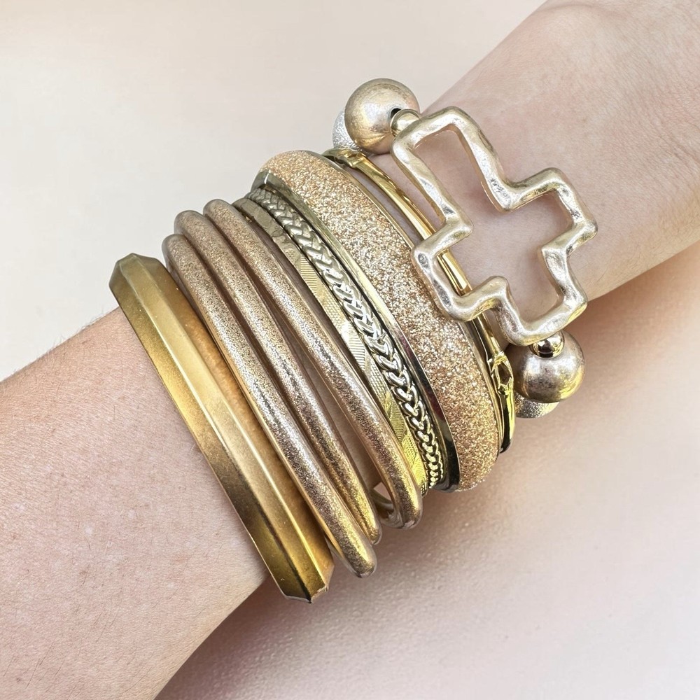 Gold Tone Bracelet Stack Mixed Material Metal Glitter Sparkle Matte Bangle Cross