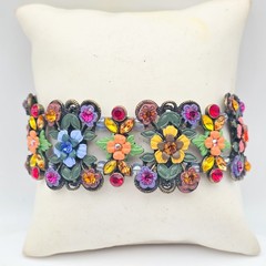 Flower Crystal Rhinestone Colorful Enamel 7.5″ Vintage Stretch Bracelet *Read*