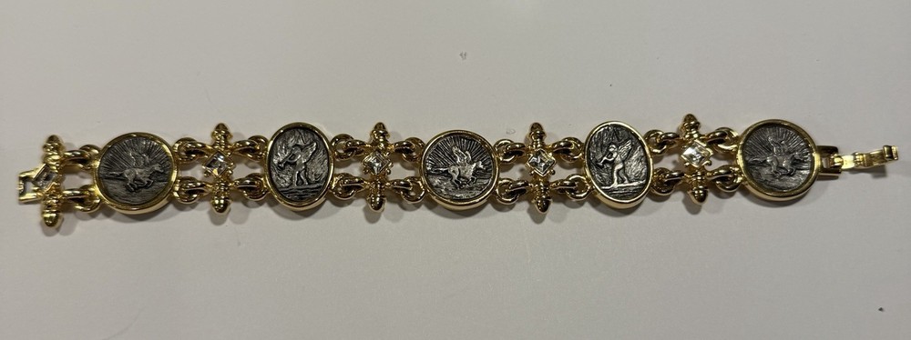 Vintage Pegasus and Heralding Angel Cherub Cameo Coin Panel Bracelet