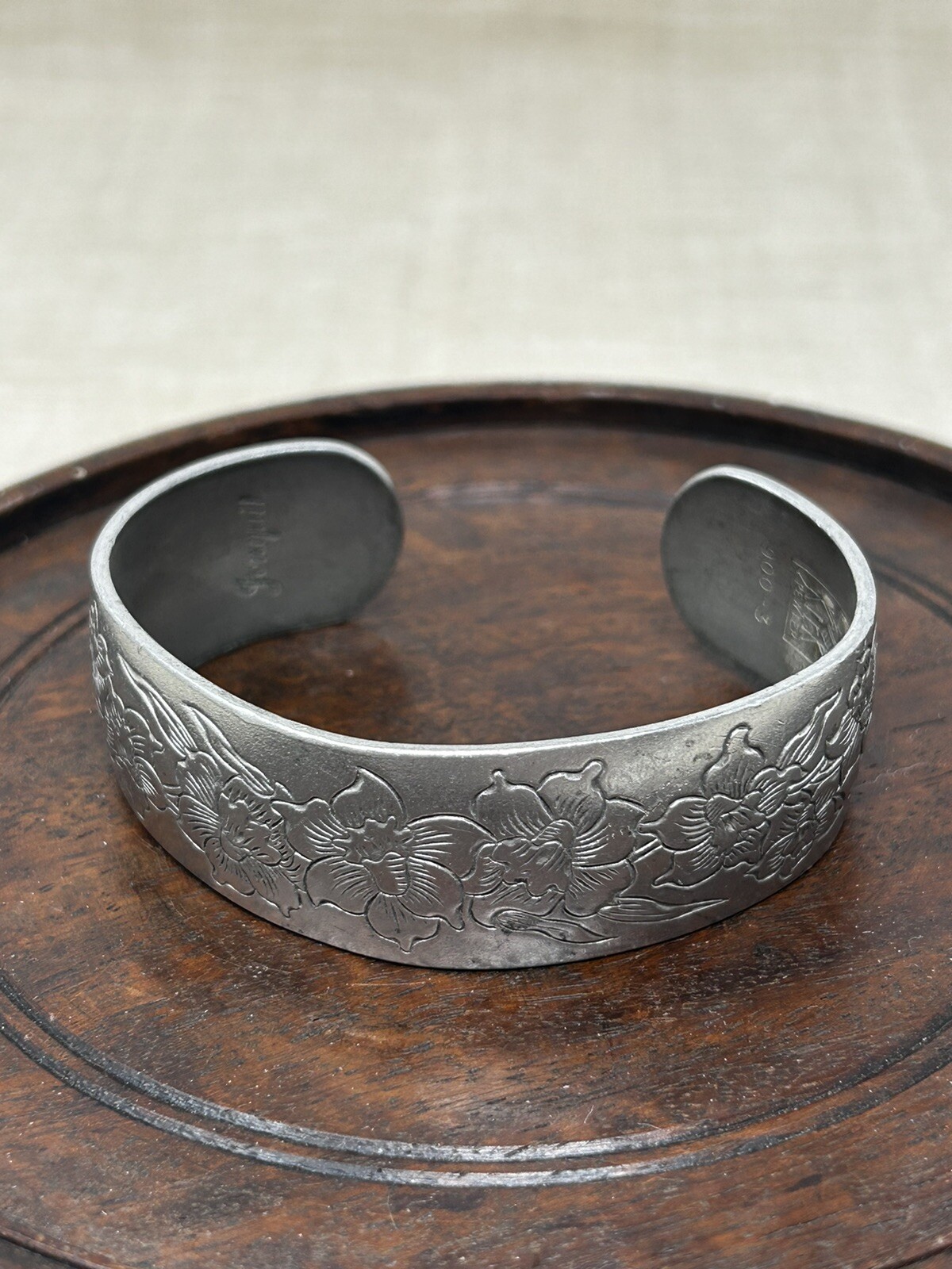 Vintage Kirk Pewter Cuff Floral Bracelet Jonquil Boho Hippie Flowers 7/8” #900-3 gallery