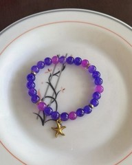 Handmade Purple Glass Beaded Stretch Bracelet, Gold Tone Starfish Dangle Charm