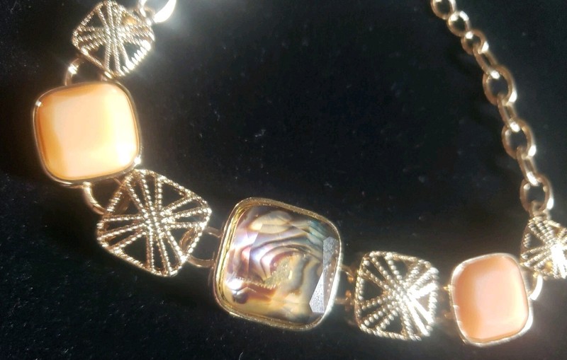 Chunky Peach Rhinestone Chain Bracelet Signed NRO Glam ART DECO Geometric 7"-8” gallery