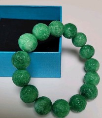 Chinese 250ct Carved 21cm Ruyi Green Jade Quartz 14mm Bead Bracelet Bangle 53g