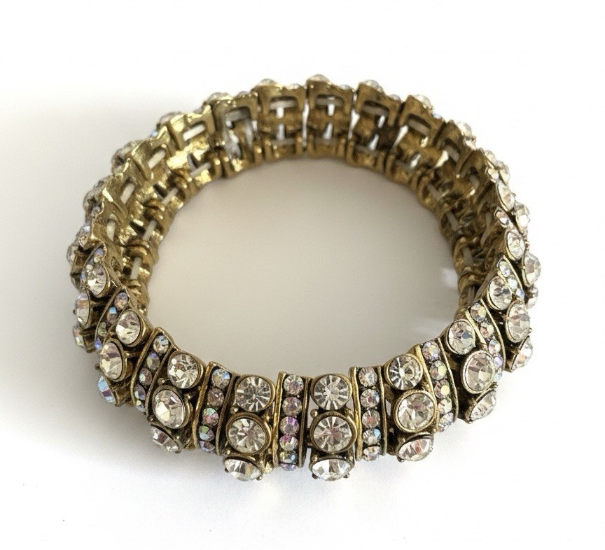 Mocha Gold Tone Rhinestone Stretch Bracelet Aurora Borealis Crystal Statement gallery