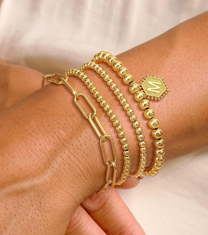 Gold Bracelets for Women, 14K Gold Plated Stackable Initial Beaded Bracelet w... gallery