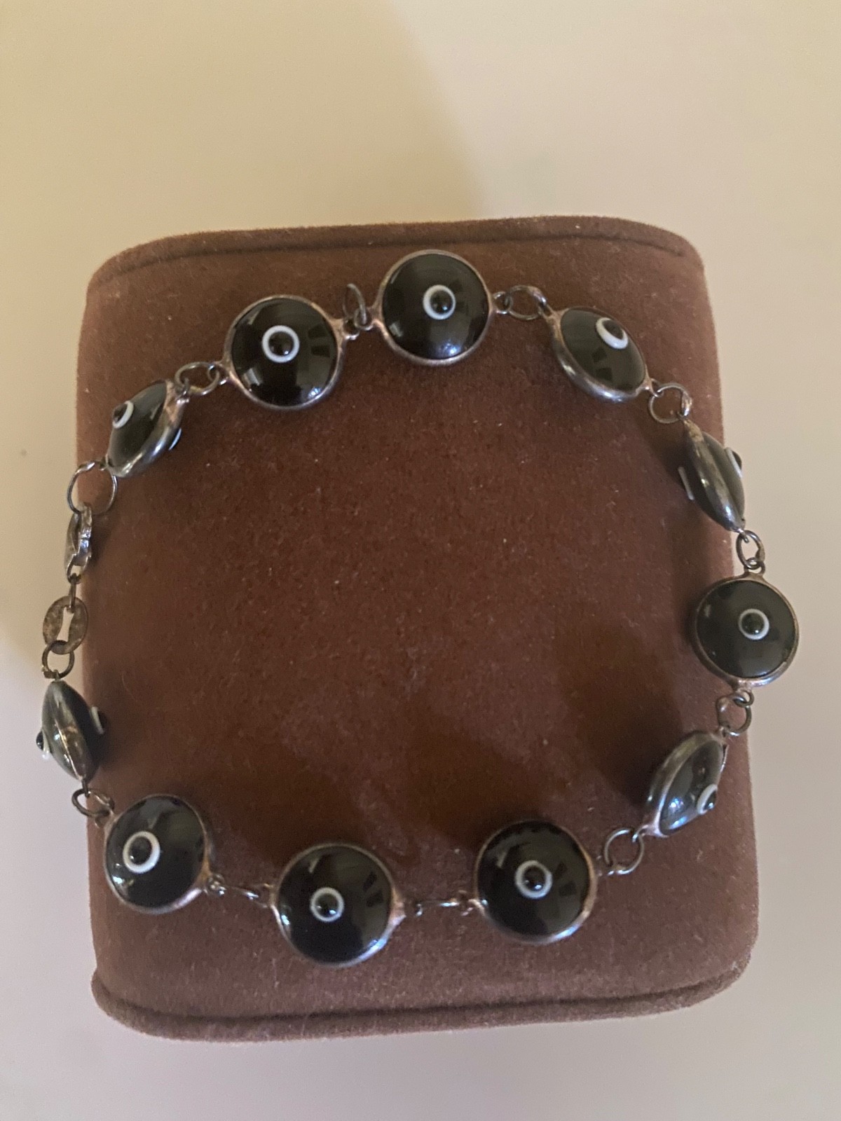 Vtg 925 Sterling Silver Black Evil Eye Link Bracelet Nazar Protection Unisex gallery