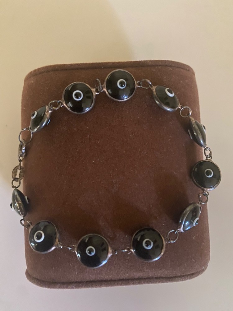Vtg 925 Sterling Silver Black Evil Eye Link Bracelet Nazar Protection Unisex