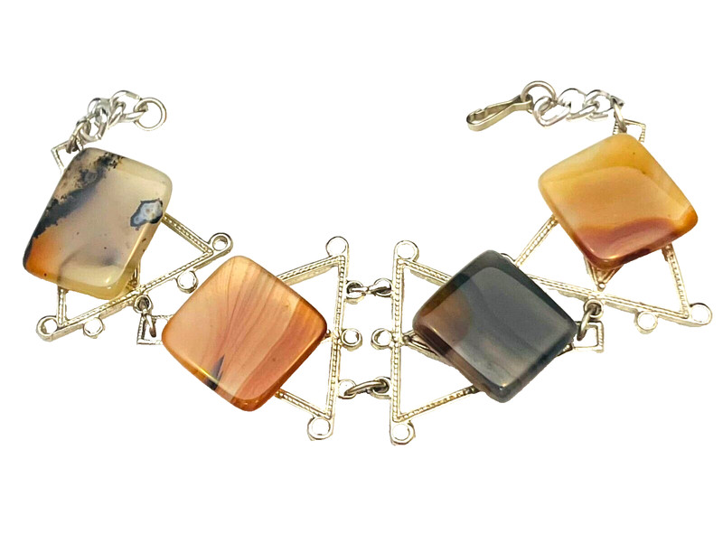 Polished Agate Rectangular Stones Bracelet Silver Tone Metal 7.5" Long Boho gallery