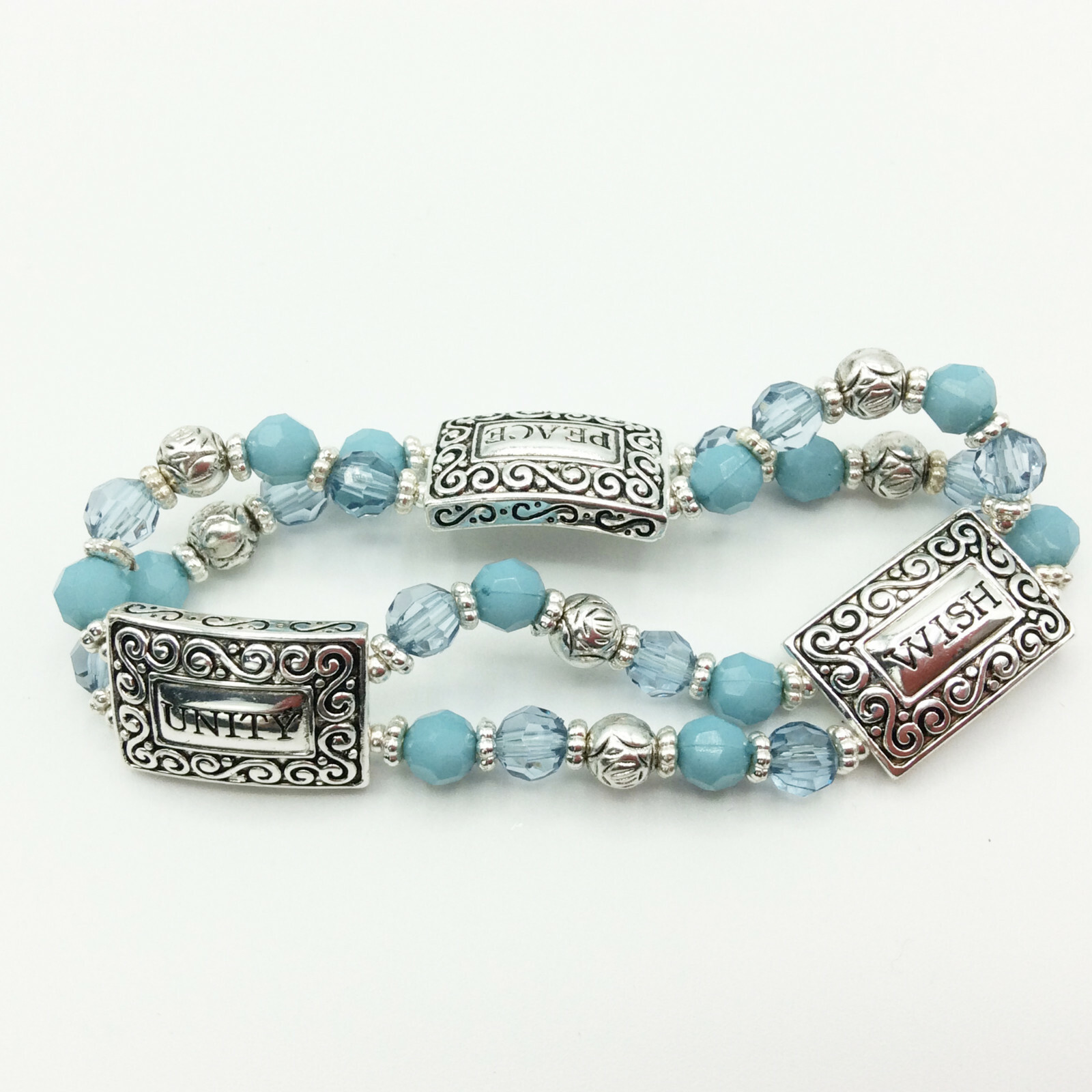 Fun Turquoise Blue and Silver Word Panel Stretch Bracelet w Peace, Unity, Wish gallery