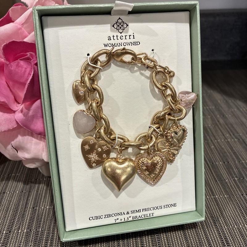 Atterri Gold Hearts Charm Bracelet Cubic Zirconia+Simi Precious New gallery