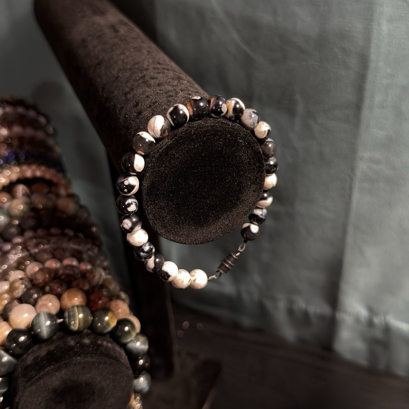 Black Flower Agate Natural Gemstone Bead Bracelet | Smooth Round 8mm gallery