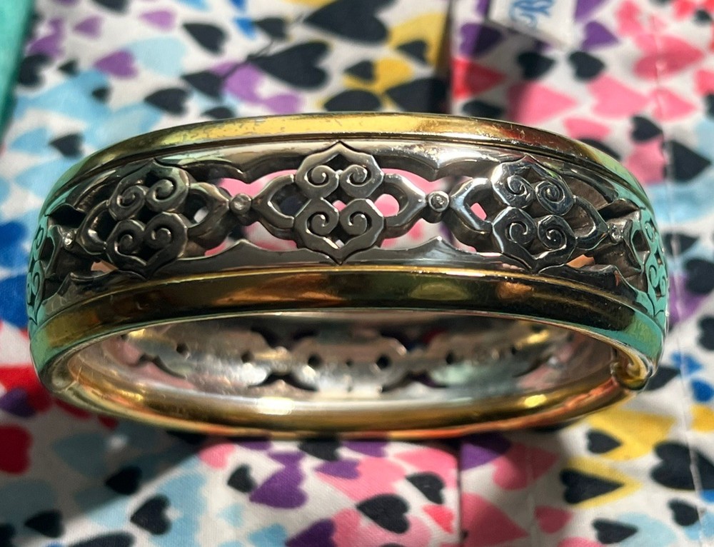 Brighton INTRIGUE Weighty Medallion Silverplated /Goldtone Hinged Oval Bracelet