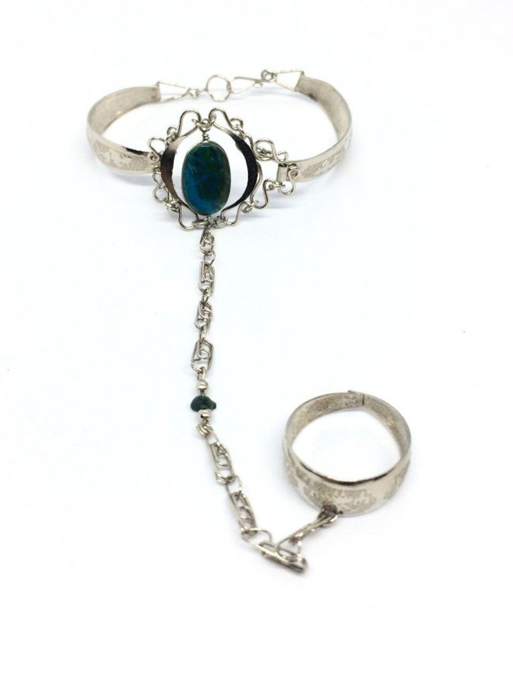 SILVER TONE Hand Bracelet Ring Etched Cuff Gemstone Stone Boho Festival