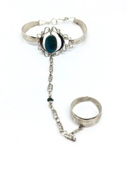 SILVER TONE Hand Bracelet Ring Etched Cuff Gemstone Stone Boho Festival