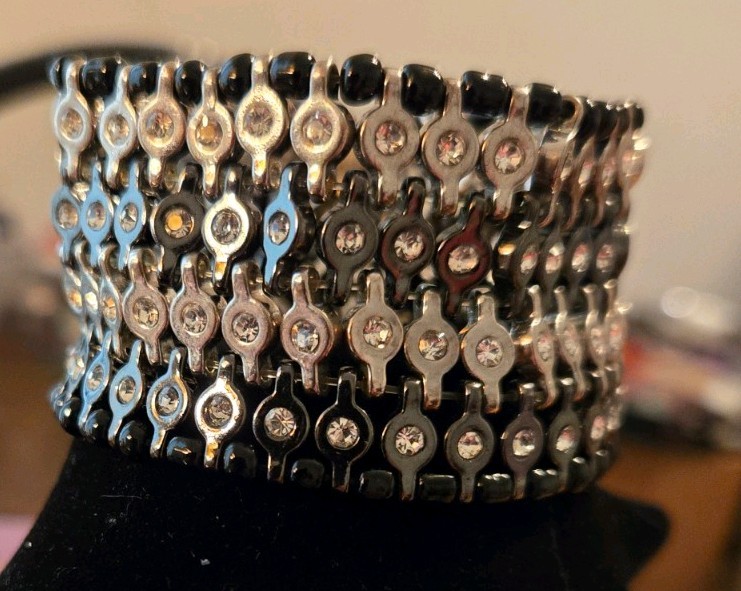 Black and Silver Wide Clear Rhinestone Statement Bracelet gallery