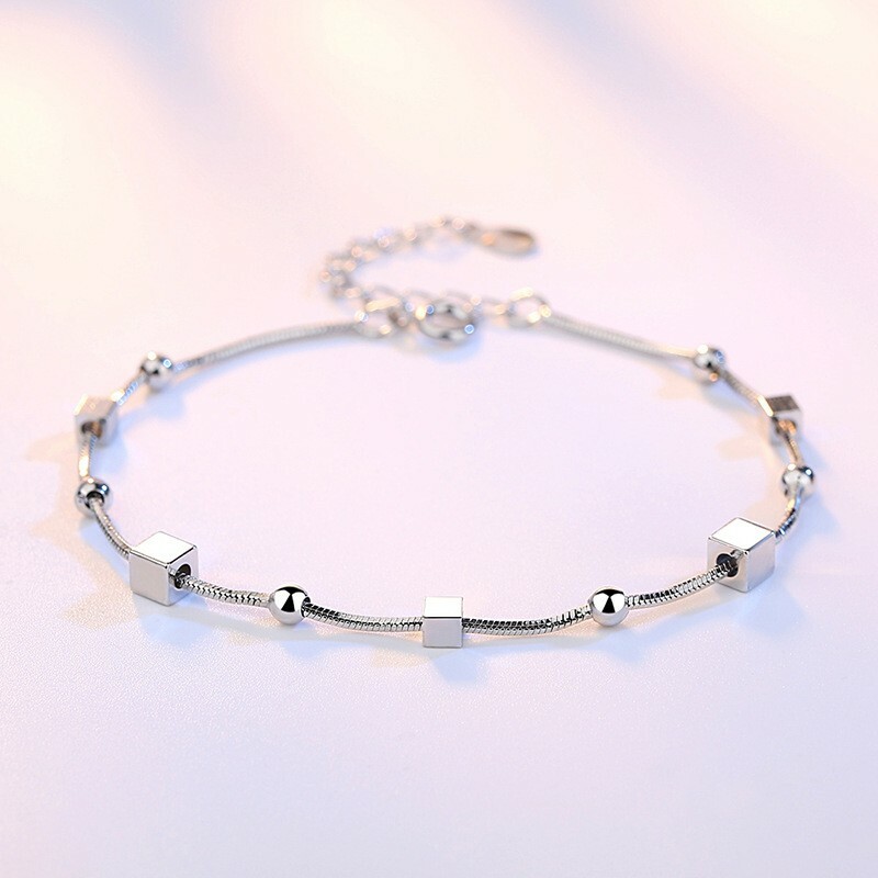 Women 925 Sterling Silver Wrist Chain 3D Geometry Ball Star Square Bracelet 0134 gallery