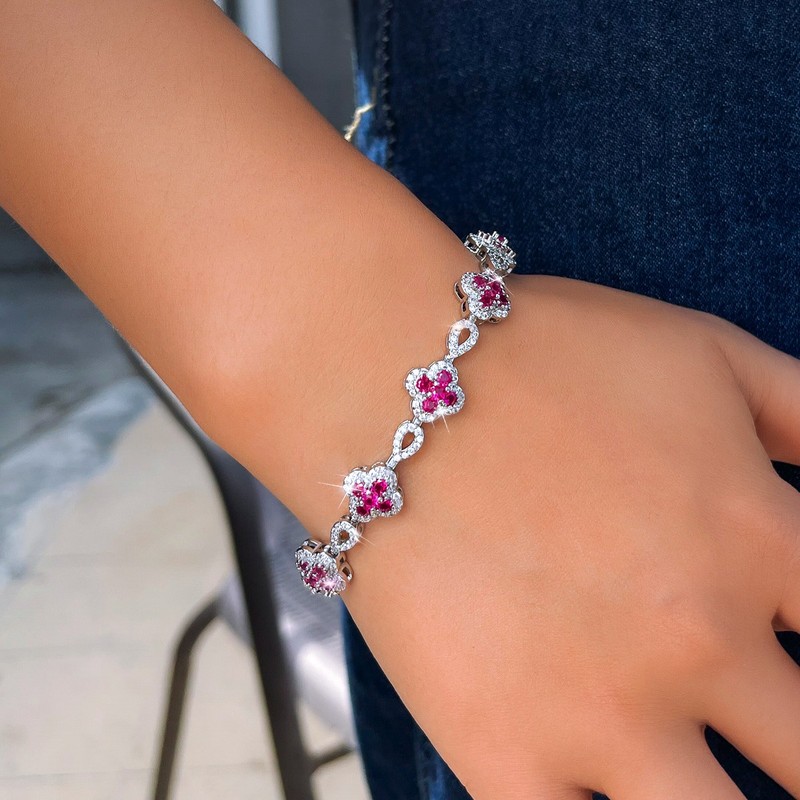 Rose Red Flower Leaf Cubic Zirconia Tennis Bracelet Silver Plated Bridal Jewelry gallery