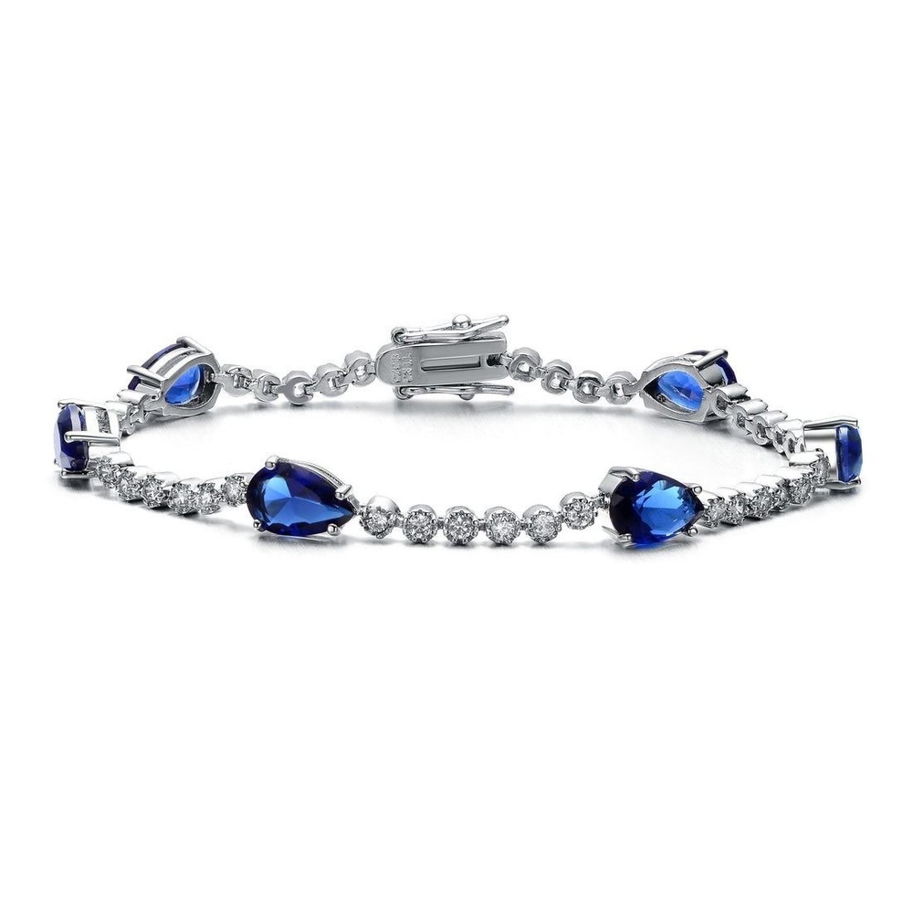 Rachel Glauber Tennis Bracelet Women Pear Blue Sapphire White Gold Plated 7in