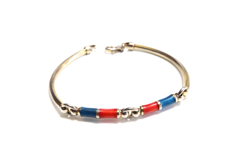 Italy 925 Curved Bar Red Blue Enamel Bar Link BRACELET - 7.8 grams gallery