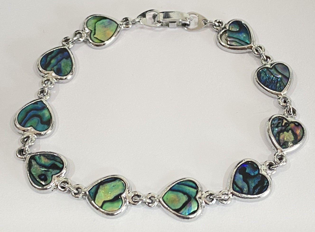 Abalone Shell Heart Bracelet Silver Tone Vintage SJ Stamp 8” gallery